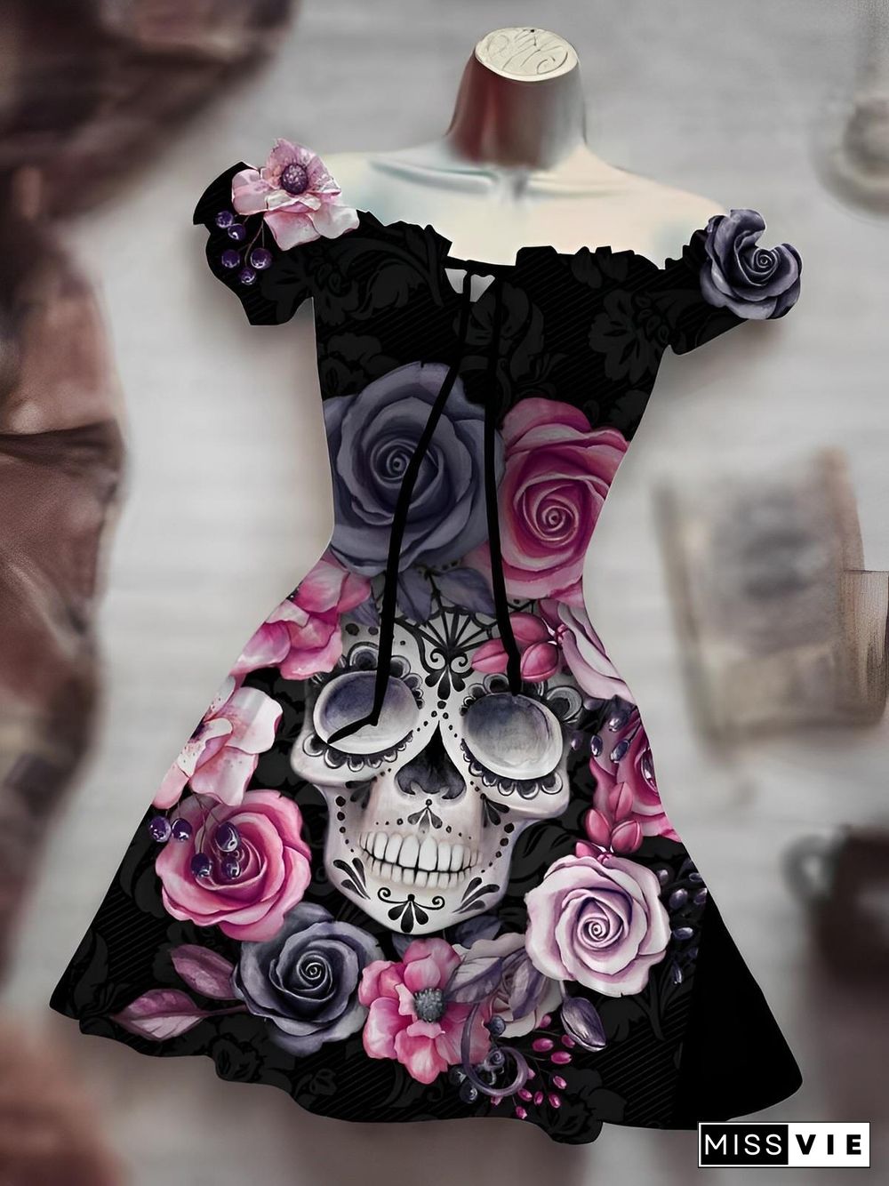 Rose Skull Print Puff Sleeve Dress