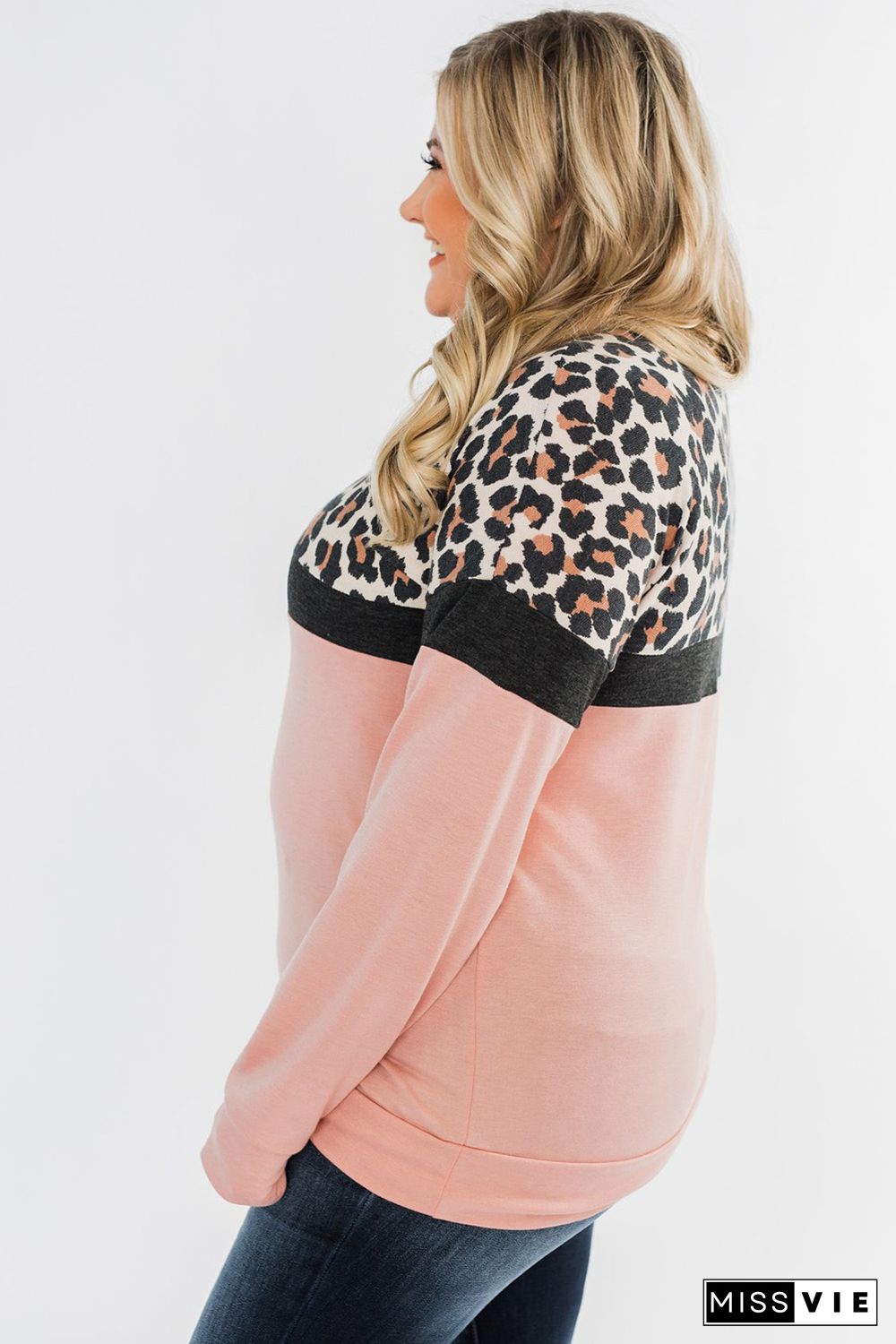 Pink Leopard Colorblock Plus Size Sweatshirt