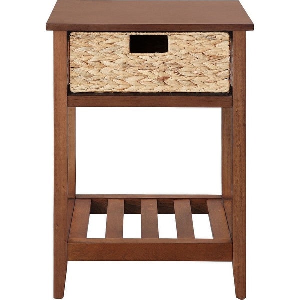 MDF Accent Table with Rattan Storage Basket and Slatted Shelf