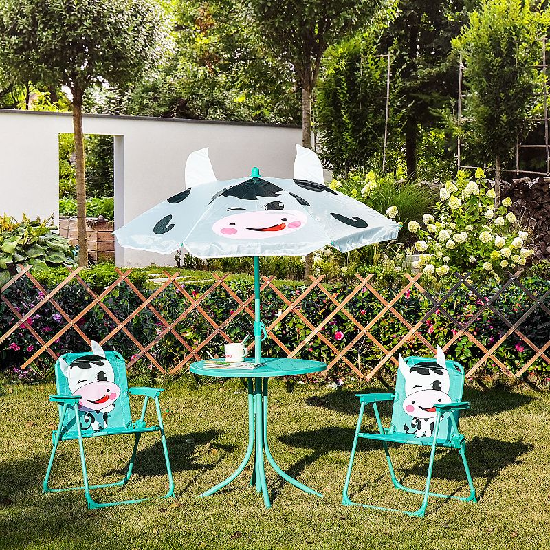 Outsunny Kids Picnic Table and Chair Set Outdoor Folding Garden Furniture for Patio Backyard with Dairy Cow Pattern Removable and Height Adjustable Sun Umbrella Aged 3 6 Years Old