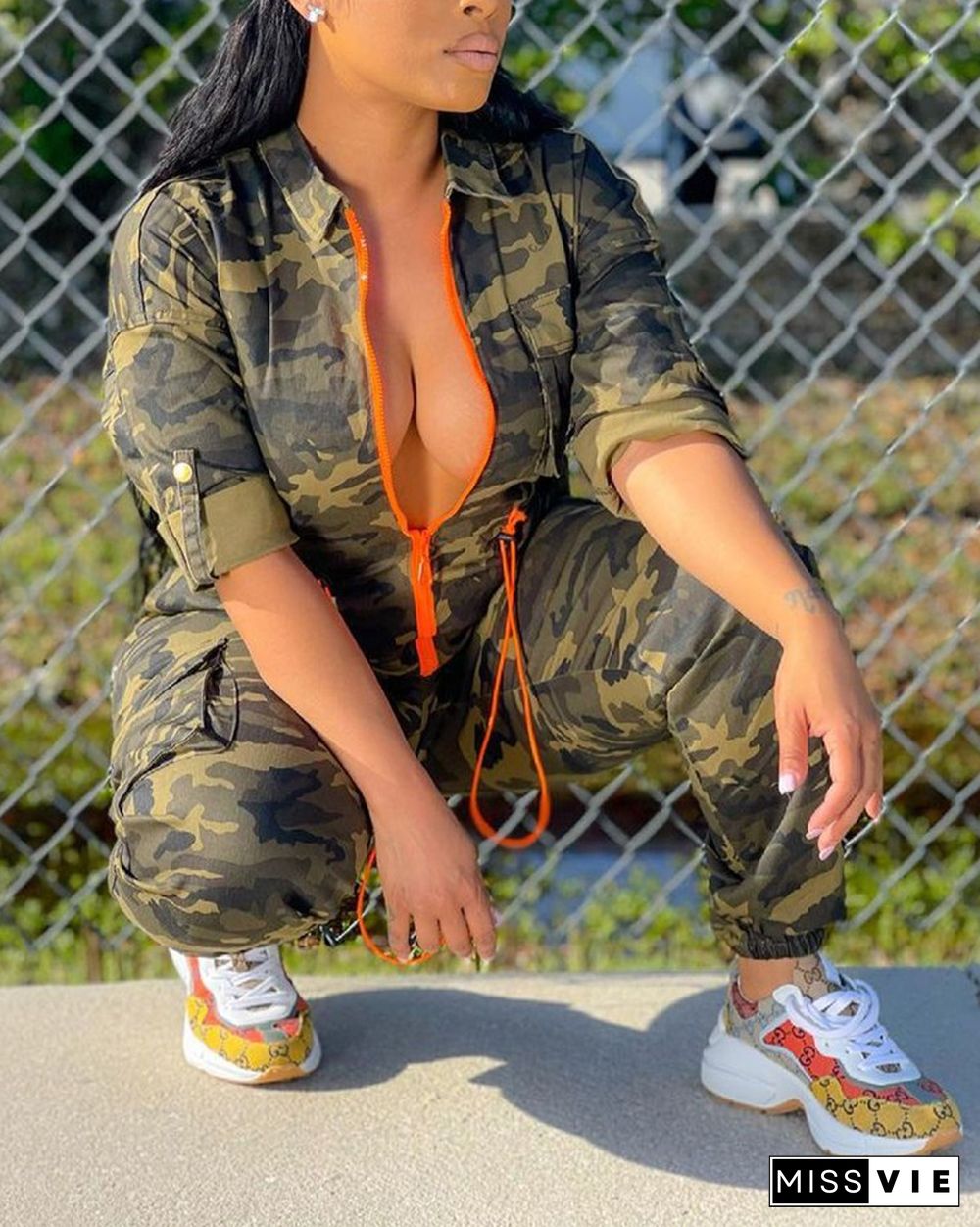 Camouflage Zipper Front Drawstring Jumpsuit