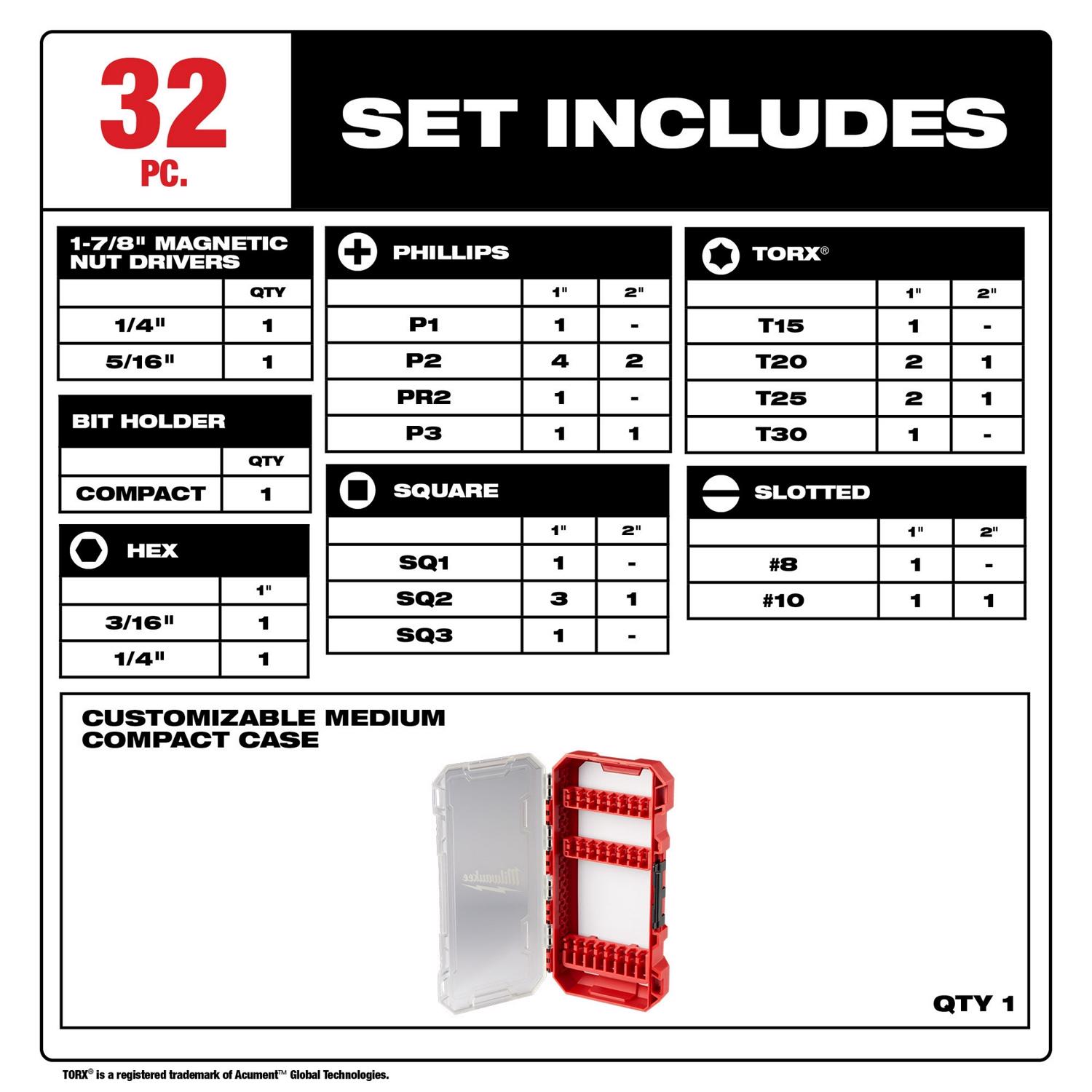 MW Shockwave Assorted Screwdriver Bit Set Steel 32 pc