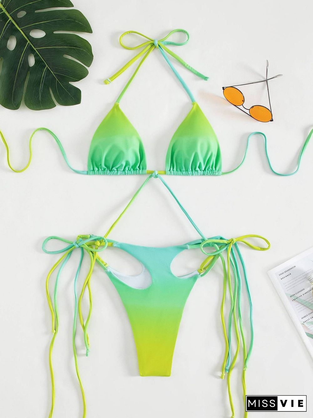 Gradient Tassels Key-hole Bikini Set