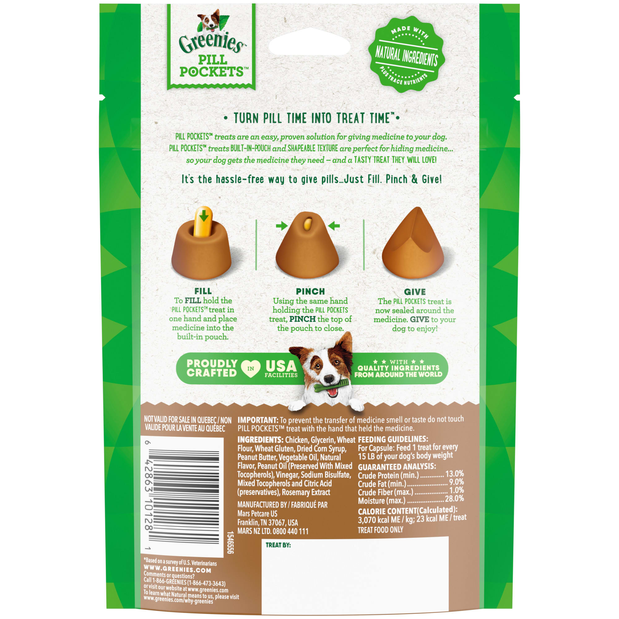 Greenies Pill Pockets with Real Peanut Butter Capsule Size Natural Soft Dog Treats， 15.8 oz.， Count of 60