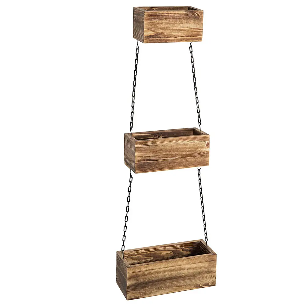 Direct Supply Wall Hanging Rustic Style 3 Tier Decoration Wooden Flower Box With Black Metal Chain.