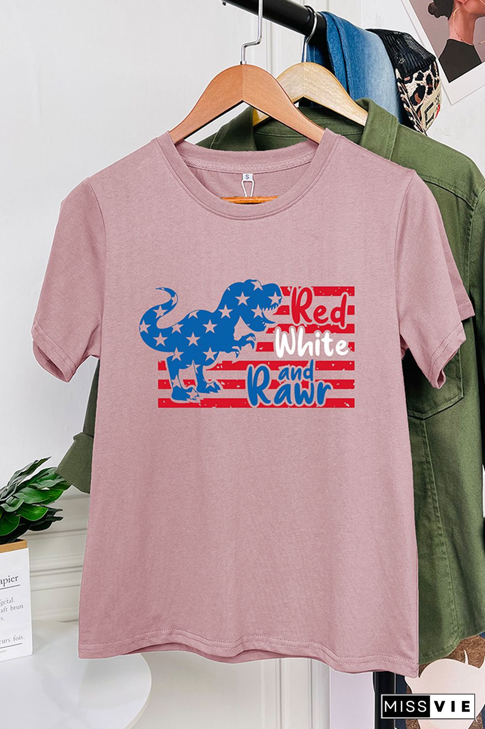 Red White And Rawr Print Summer Graphic Tee Wholesale