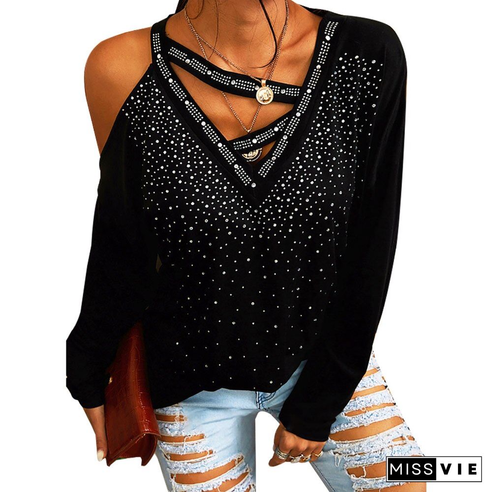 Elegant Sexy V Neck Tops For Women Solid Off Shoulder T-Shirts Long Sleeve Irregular Bling Bling Shirt Hollow Female Streetwear