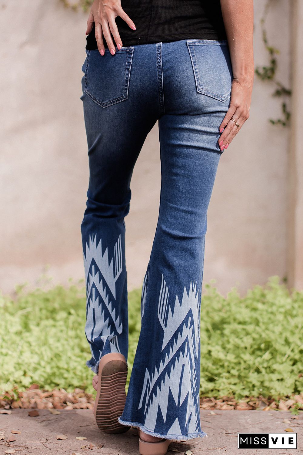 Blue Western Pattern High Rise Flare Jeans