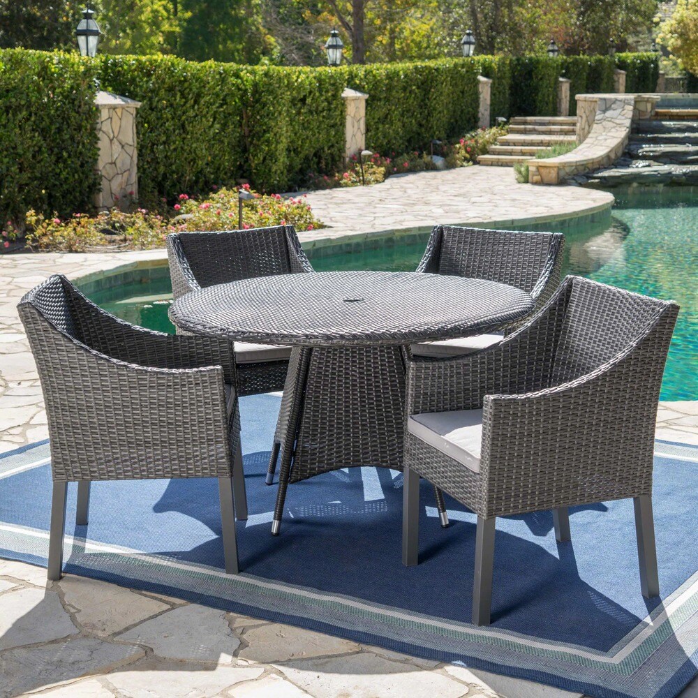 Franco Outdoor 5 piece Round Wicker Dining Set with Cushions   Umbrella Hole by Christopher Knight Home