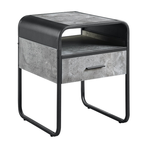 End Table Drawer， Concrete Gray and Black Finish，KD?Metal Frame，Side Metal Glide Drawer，Curved Edges Design，End Tables