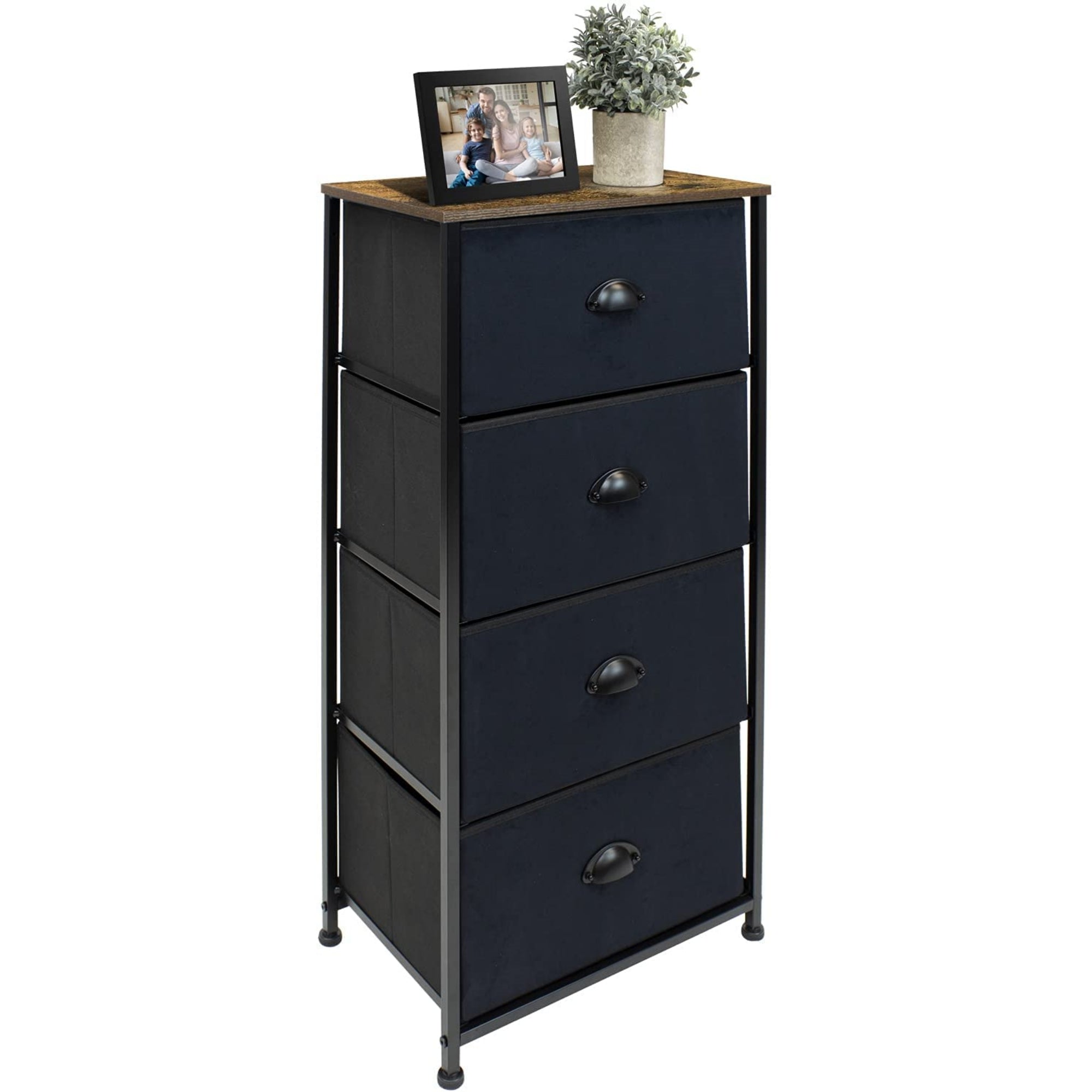 Sorbus Tall Nightstand - 4 Drawer Fabric Dresser, Tall Skinny Dresser for Bedside Furniture, Storage Organizer Dresser for Home, Hallway, Office, College Dorm, Steel Frame, Rustic Wood Top, (Black)