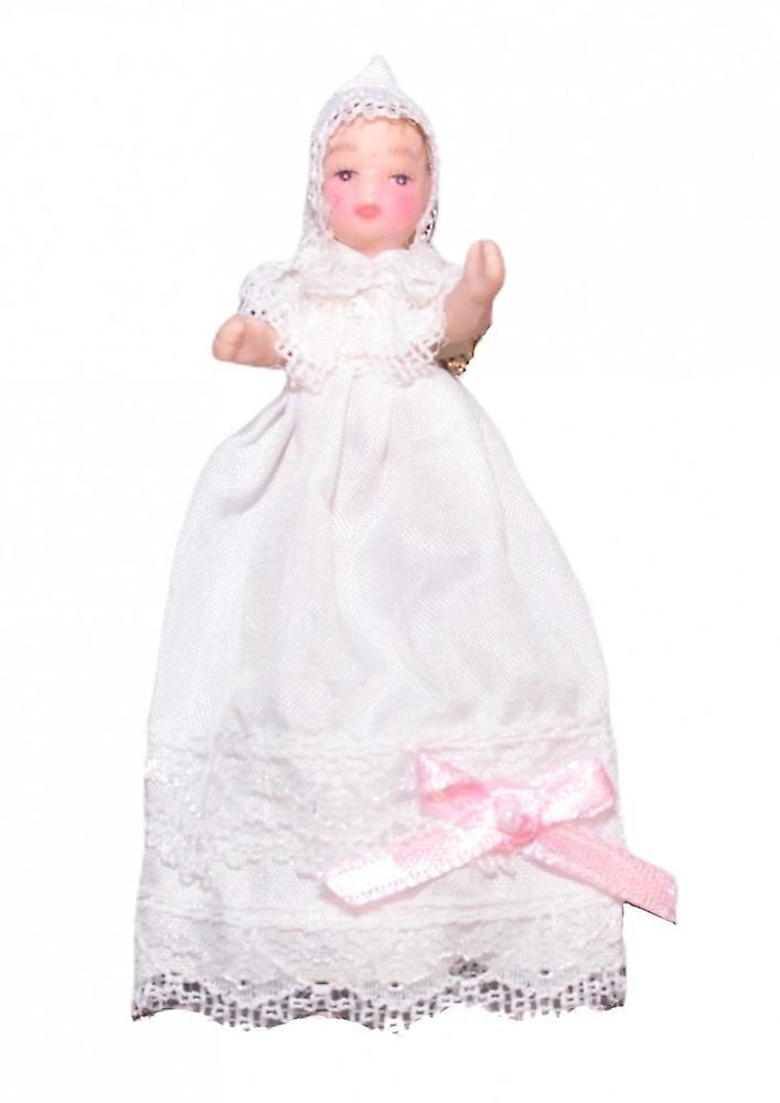 Dolls House Baby In Christening Gown Miniature Victorian Porcelain People Pink