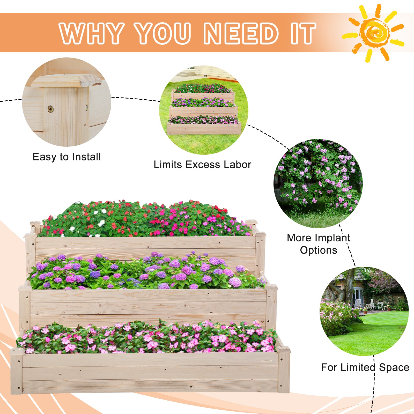 3 Tier Wood Raised Garden Bed, Outdoor Tiered Elevated Planting Planter Box, 47.8 x 47.8 x 21.5 inch Flower Growing Bed Kit in Backyard Lawn Patio, Easy Assembly, Natural