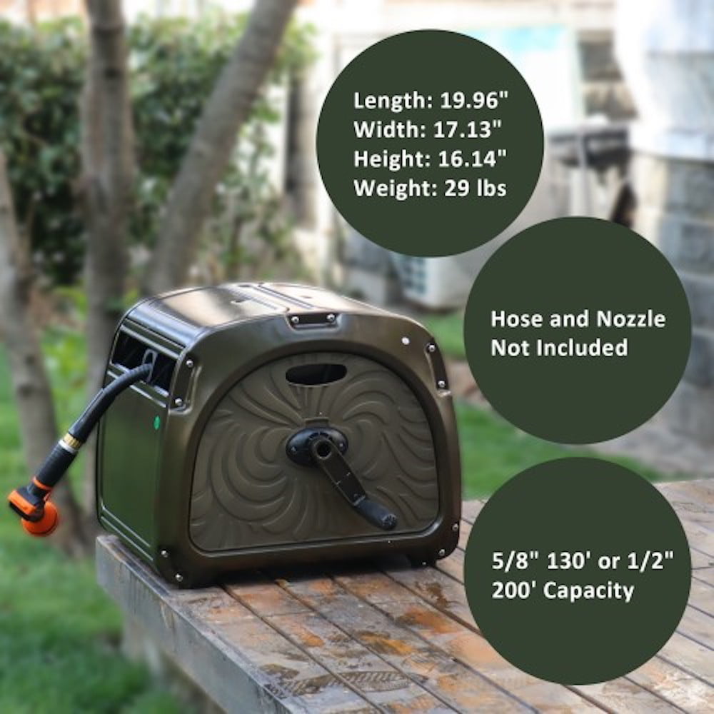 Giraffe Metal Hose Reel Box， Heavy Duty Retractable Garden Hose Reel Hideaway with Crank Handle， 130ft Hose Capacity