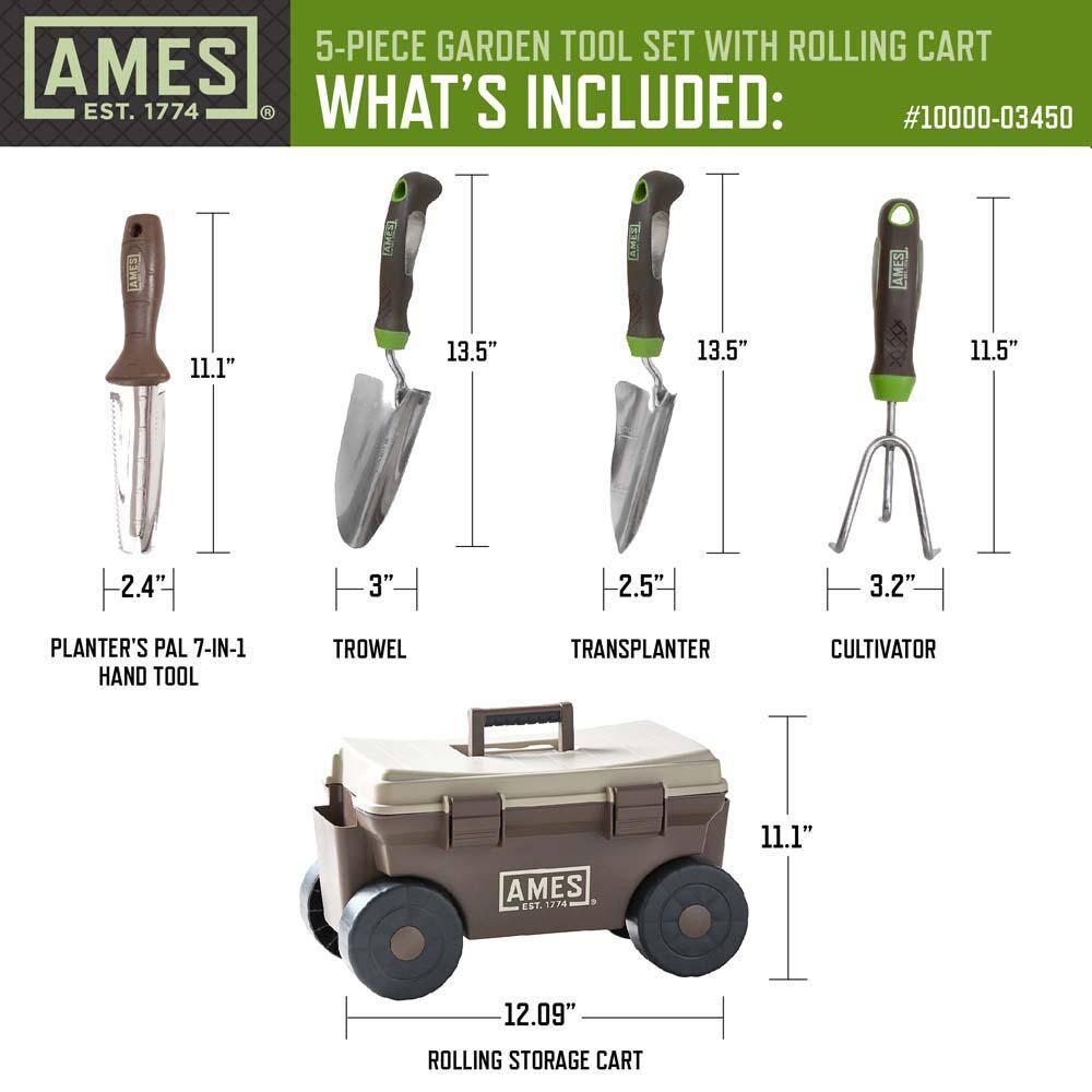 Ames 5-Piece Digging Transferring and Cultivating Garden Tool Set with Rolling Cart 10000-03450