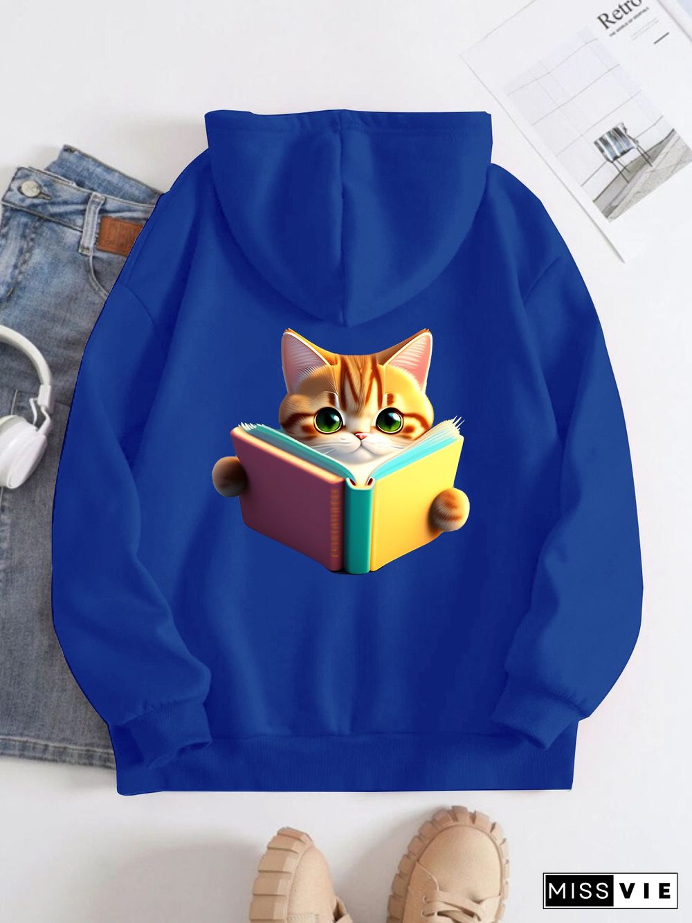 Printed on the Back Kangaroo Pocket Hoodie Long Sleeve for Women Pattern  Cat Reading a Book