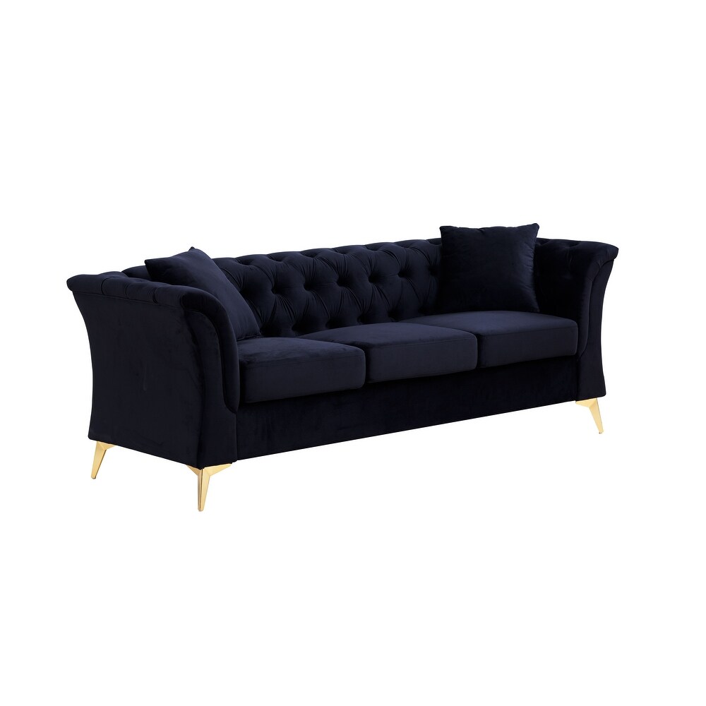 Black Modern 3 Seater Button Tufted Sofa with Soft Tufted Velvet Upholstery  Scroll Arms  and Gold Metal Legs for Living Room