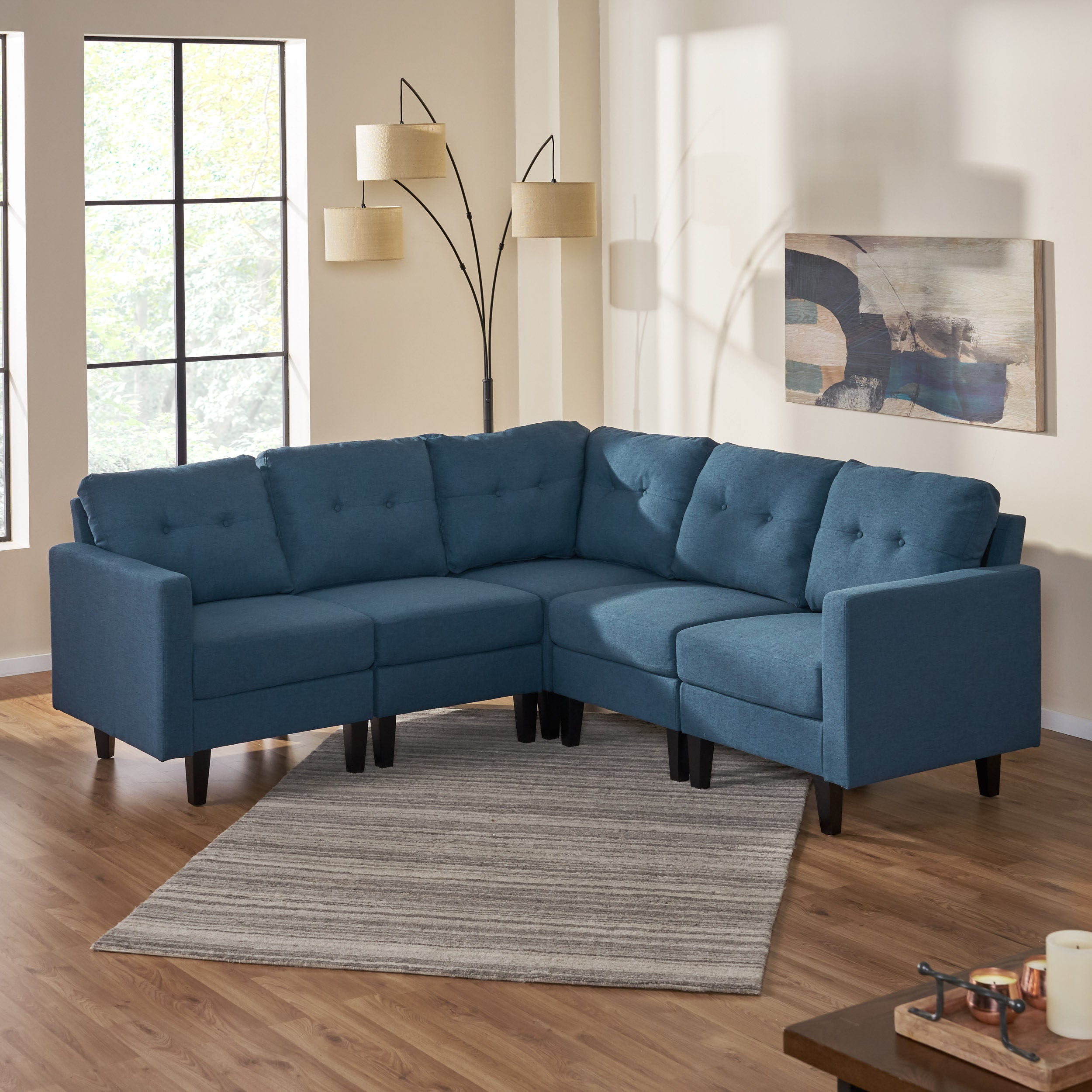 Niya Mid Century Modern 5 Piece Fabric Sectional Sofa