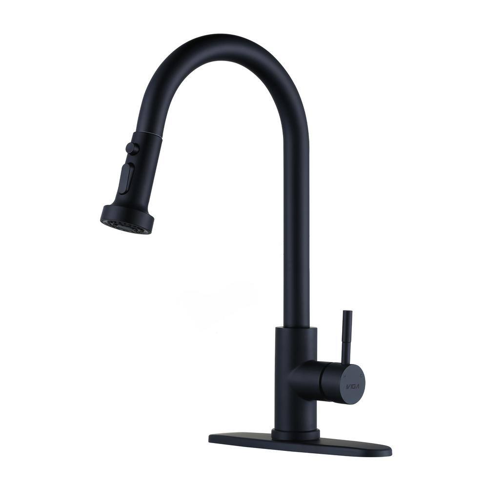 WOWOW Single Handle Deck Mount Gooseneck Pull Down Sprayer Kitchen Faucet Stainless Steel in Matte Black VG2312601B-BHHD