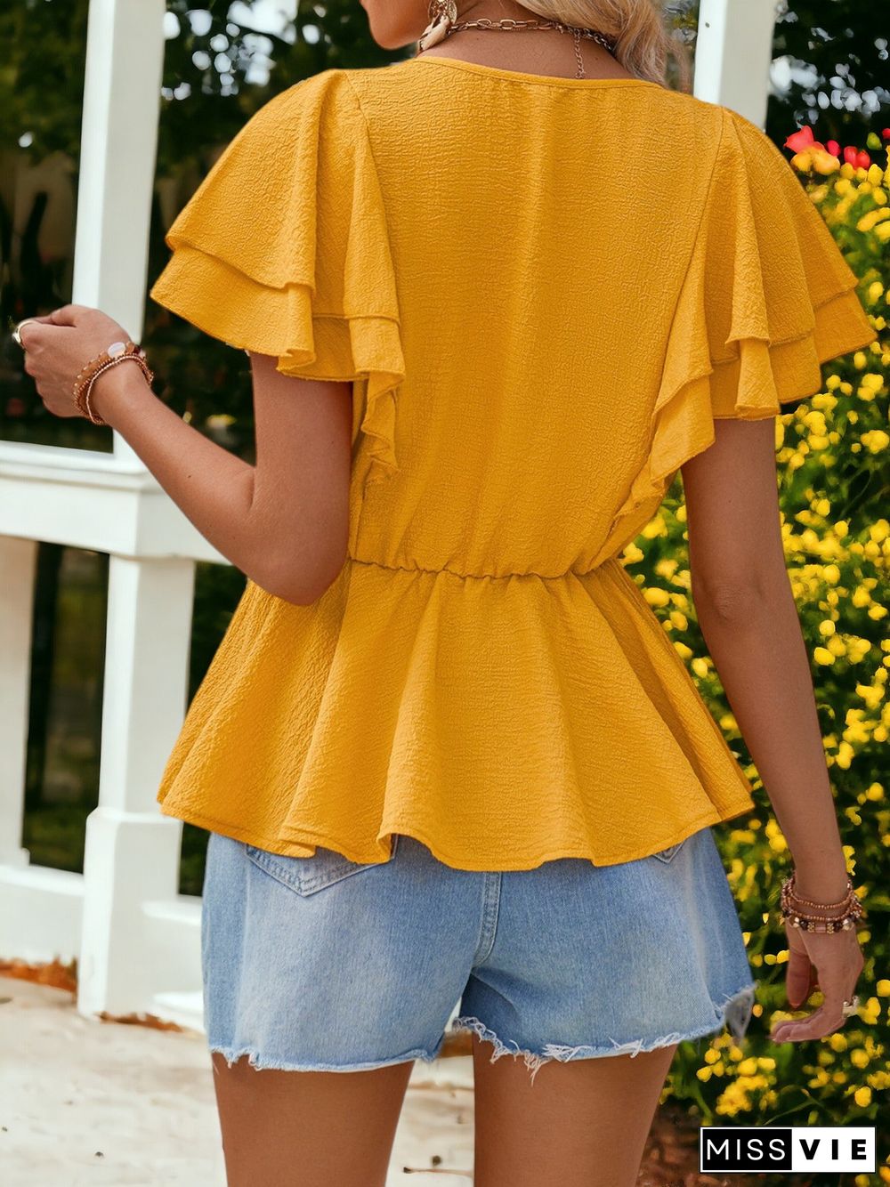 V-Neck Ruffled Short-Sleeved Smocked Waist Top