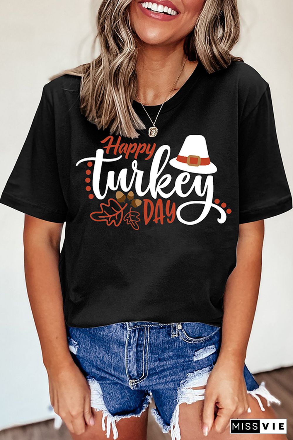 Happy Turkey Day Printed Graphic Tees for Women Wholesale Short Sleeve T shirts Top