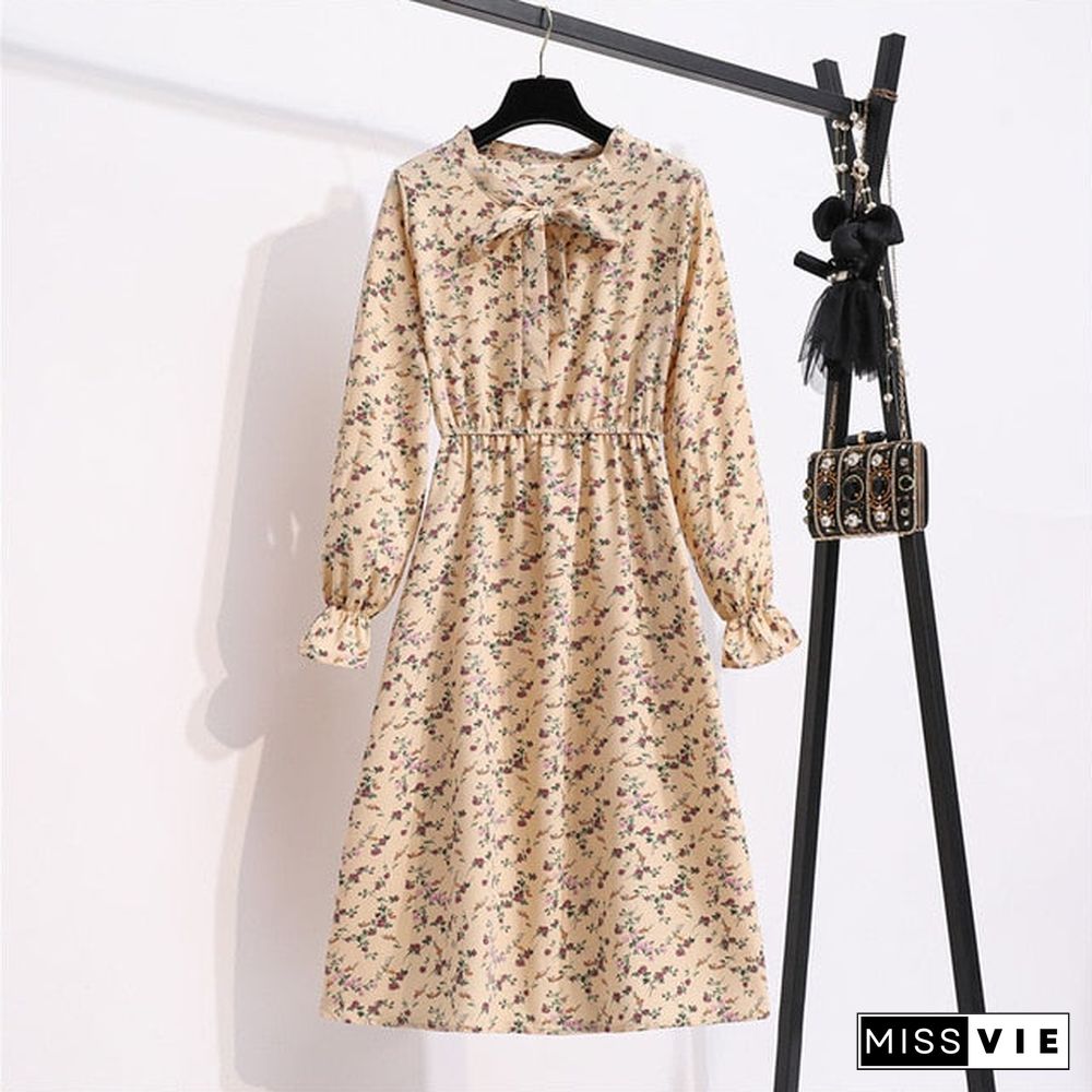 NIJIUDING Women's Chiffon Dress Female Vintage Floral Printed Long Sleeve Bow Midi Dresses Spring Autumn Flare Sleeve Vestidos