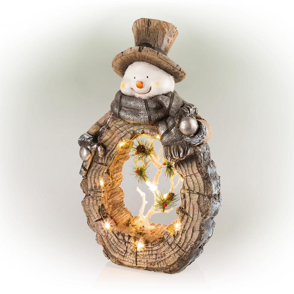 Alpine Corporation 21 in. Tall Snowman Statue with Carved Wood Look and LED Lights MZP478