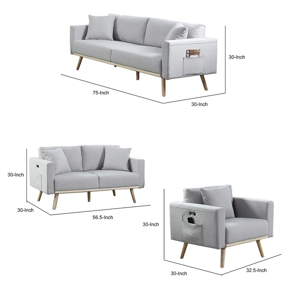 Mico 75 Inch Sofa  Loveseat and Chair Set with Throw Pillows  Light Gray