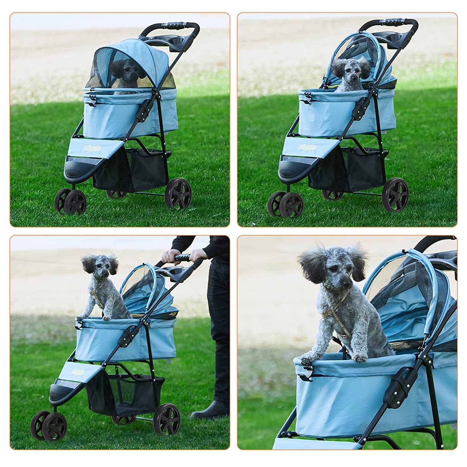 Pet Strollers for Small Medium Dogs and Cats， Folding Dog Stroller Traveling Strolling Cart with 3-Wheel and Removable Liner and Storage Basket， Light Blue