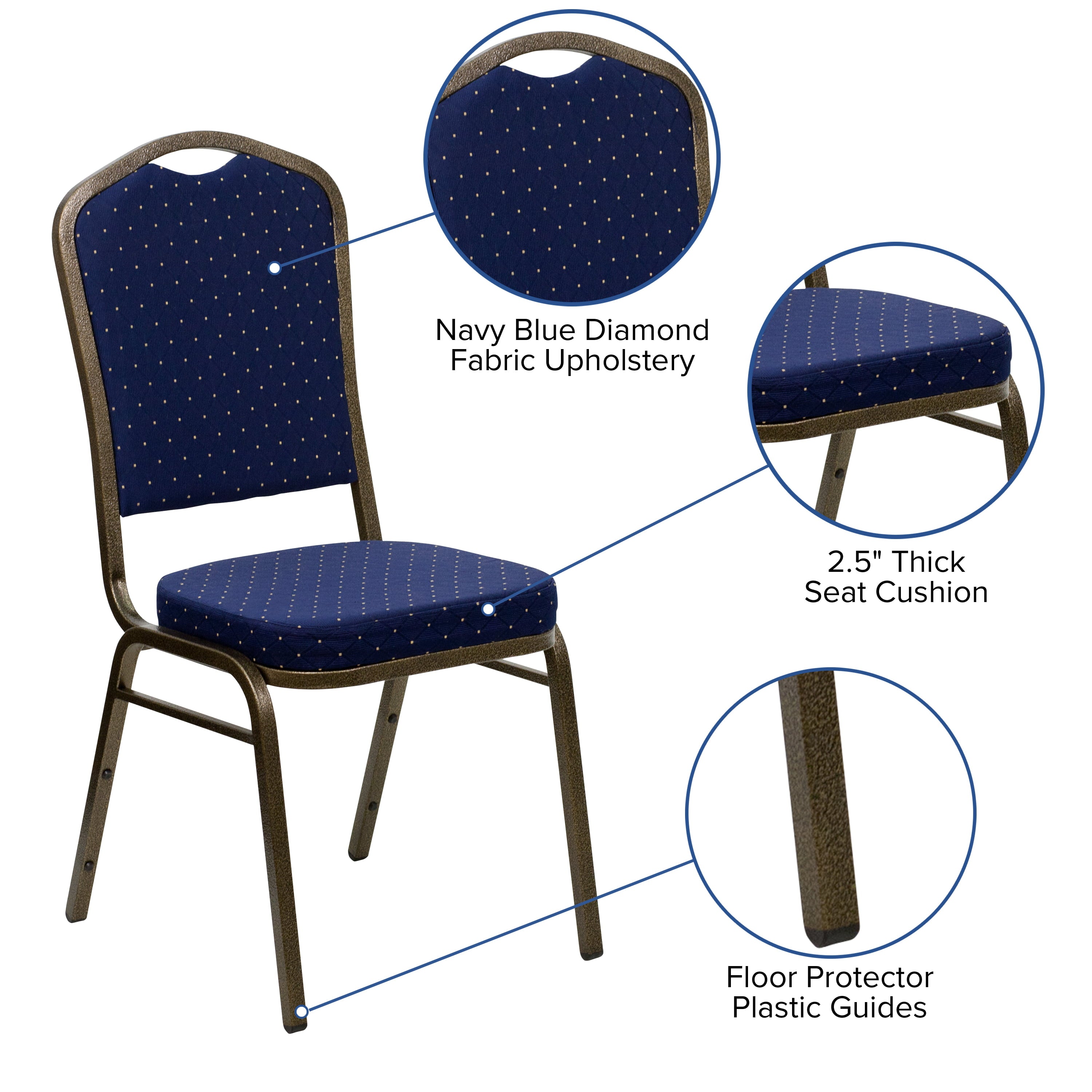 BizChair Crown Back Stacking Banquet Chair in Navy Blue Dot Patterned Fabric - Gold Vein Frame