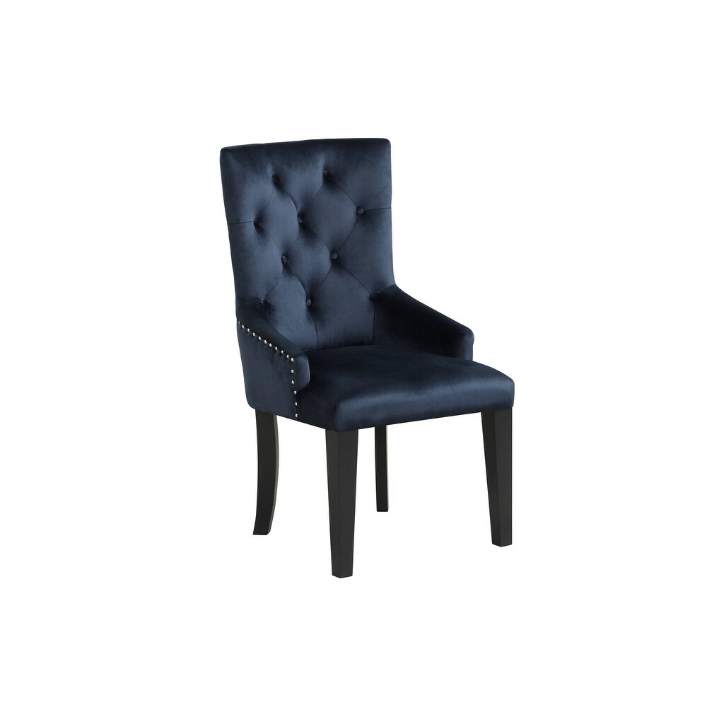 Varian Navy Velvet Side Chairs Solid Wood Dining Chairs with Nailhead