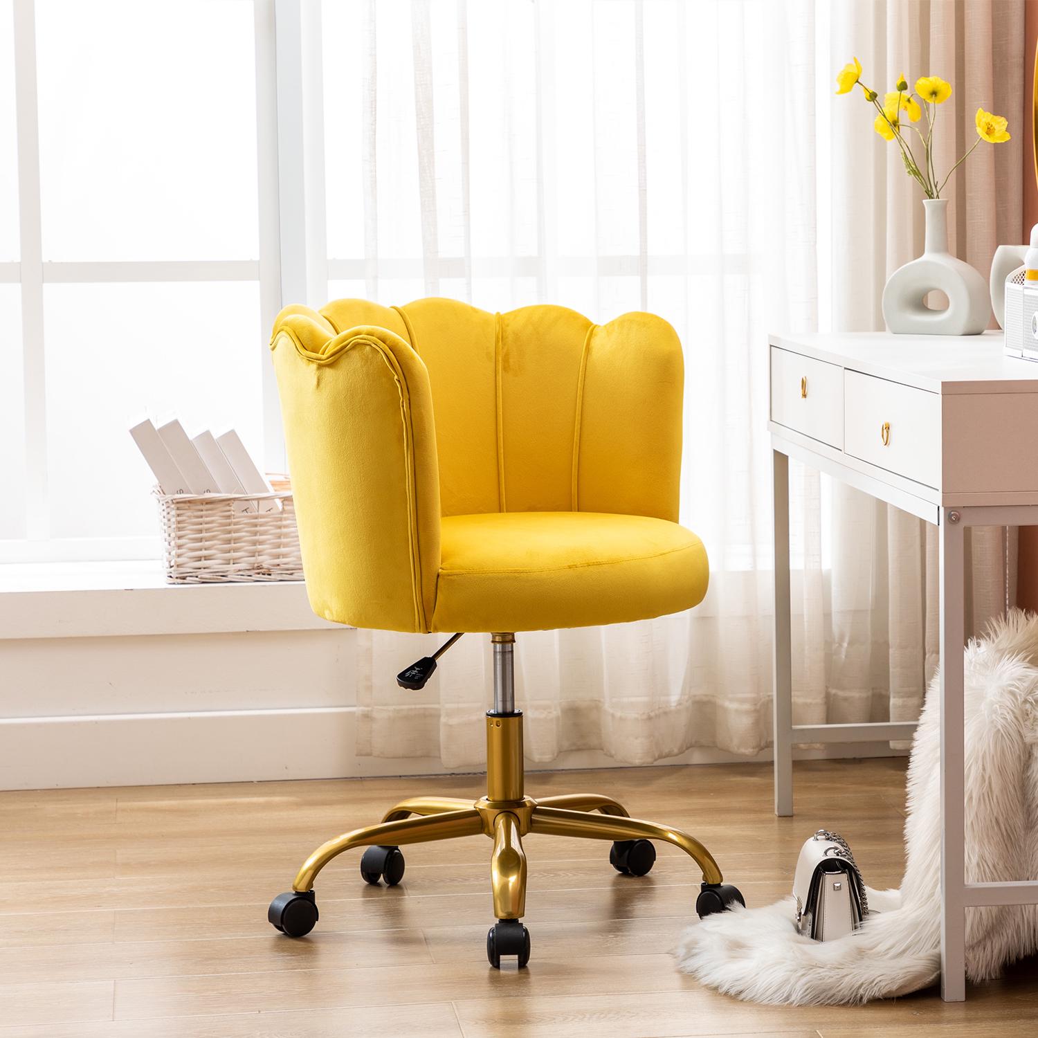 Office Task Chair， Comfortable Velvet Desk Chair Upholstered Swivel Rolling Vanity Chair Height Adjustable for Makeup Room， Living Room， Bedroom， Yellow