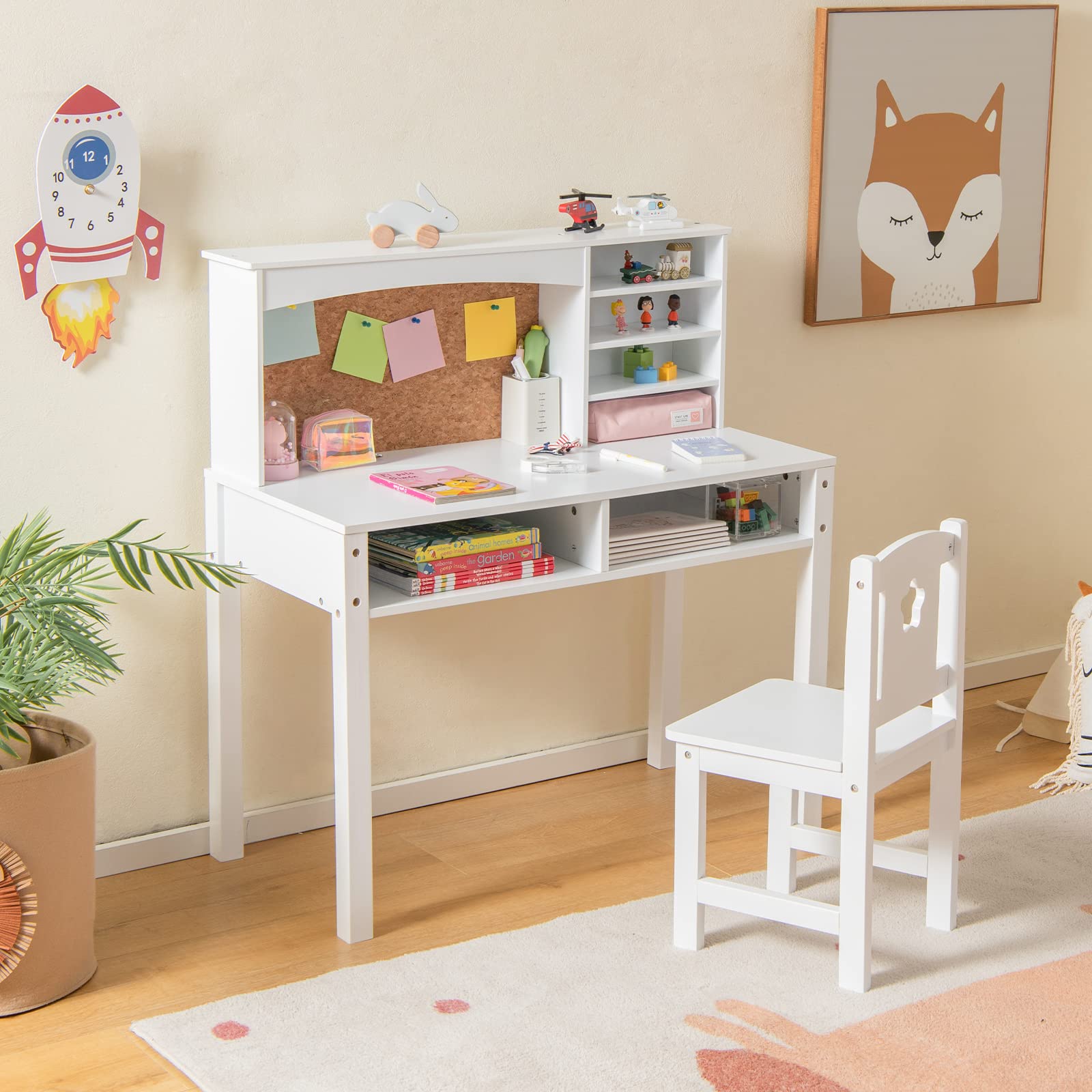 Costzon Kids Desk and Chair Set, Student Study Table with Chair, Hutch, Cork Bulletin Board, Storage Shelves