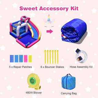 Costway Unicorn Theme Inflatable Water Slide Kids Bounce Castle Bounce House with 480-Watt Air Blower NP10432