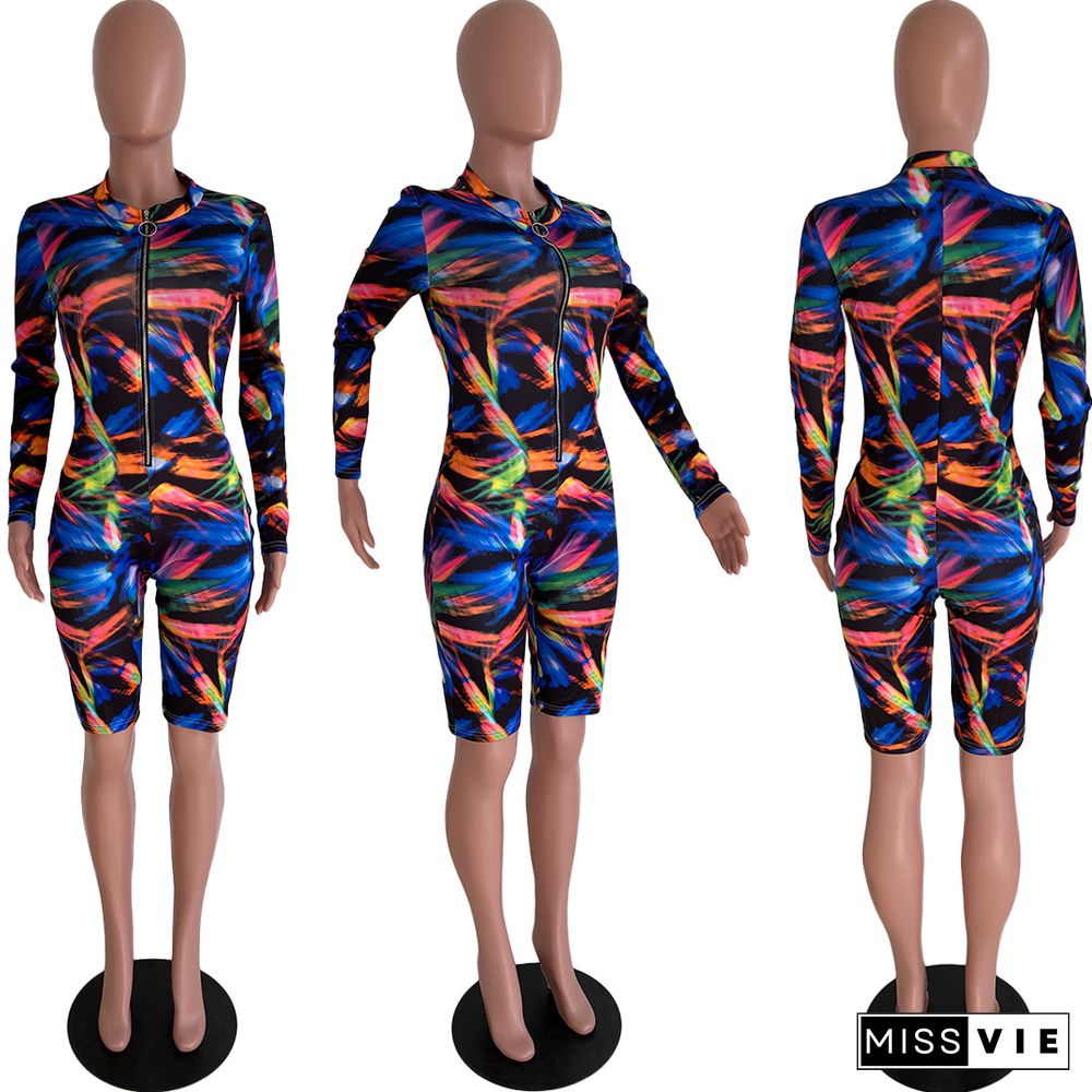 Digital Print Street Zipper High Waist Romper