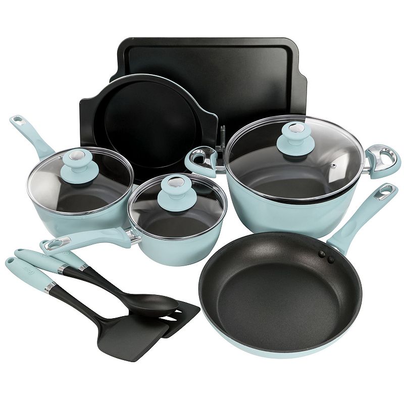 Oster Cocina Lynhurst 12 Piece Nonstick Aluminum Cookware Set in Blue with Kitchen Tools