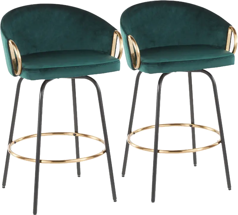 Claire Glam Gold and Emerald Velvet Barstool Stool， Set of 2