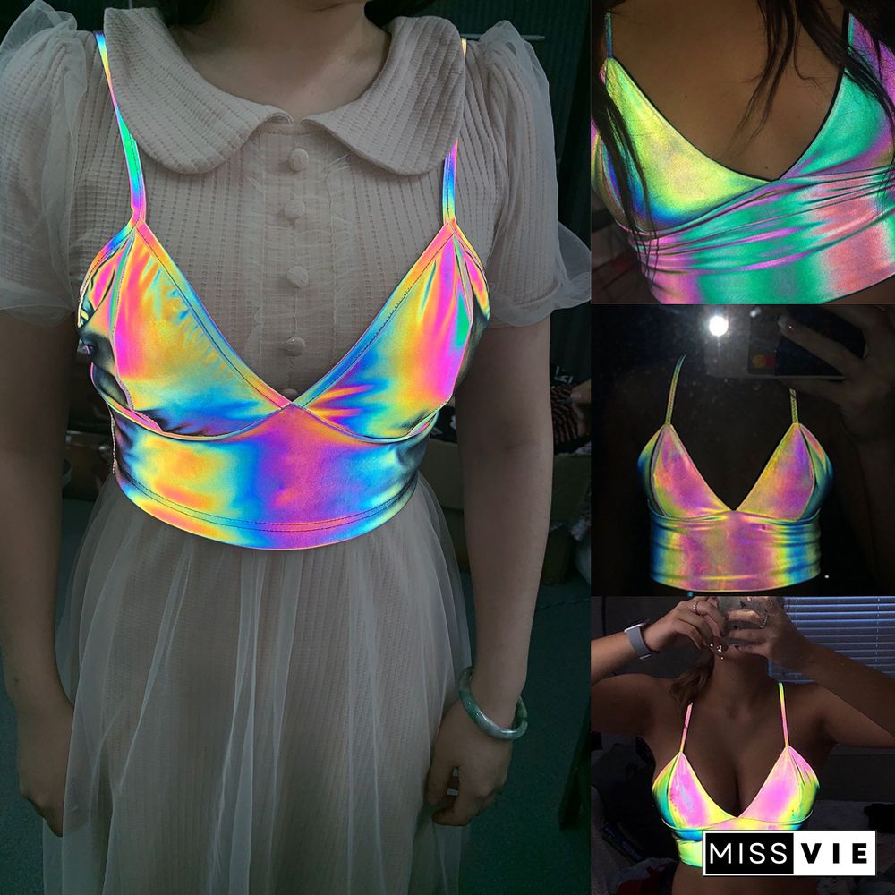 Women V Neck Sexy Holographic Bralette Crop Top Reflective Strap Fashion Camis Hot Summer Sleeveless Backless Tank Tops