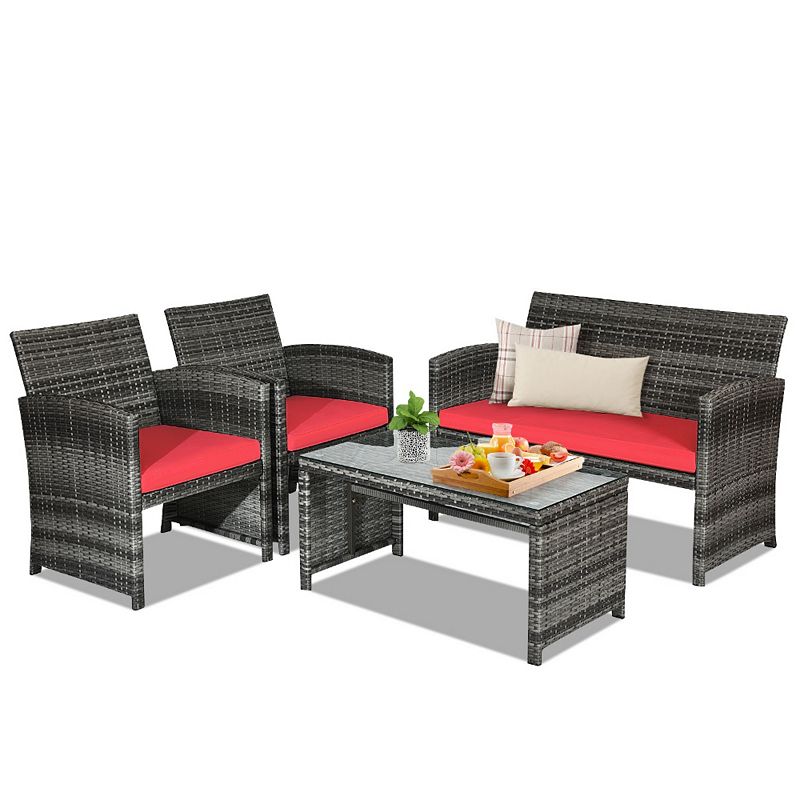 4 Pieces Patio Rattan Furniture Set Top Sofa With Glass Table