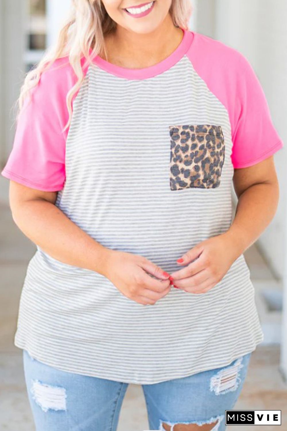 Stripe Leopard Patch Pocket Plus Size Raglan Sleeve Tee