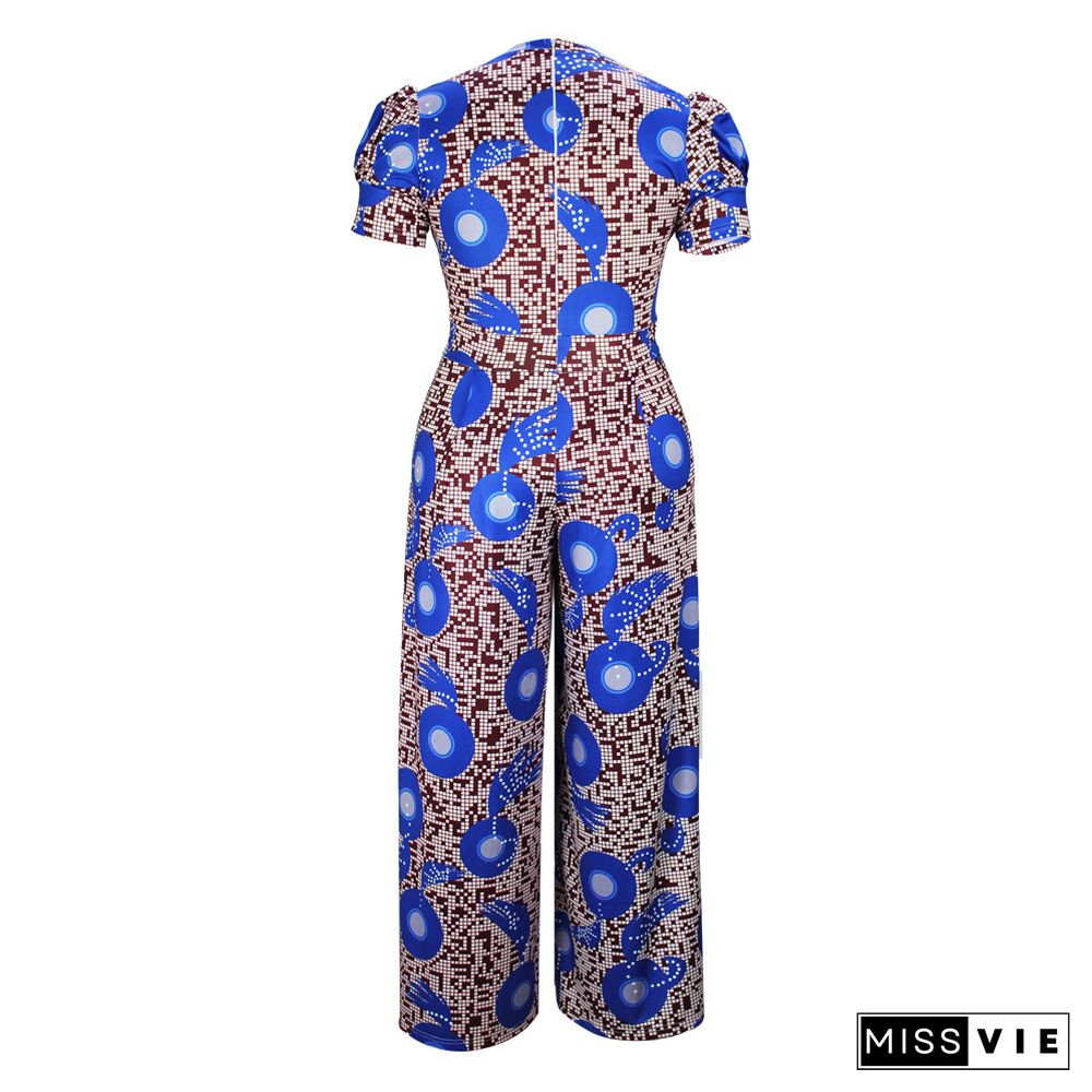 Plus Size Printed Short Sleeve Loose Wide Leg Jumpsuit