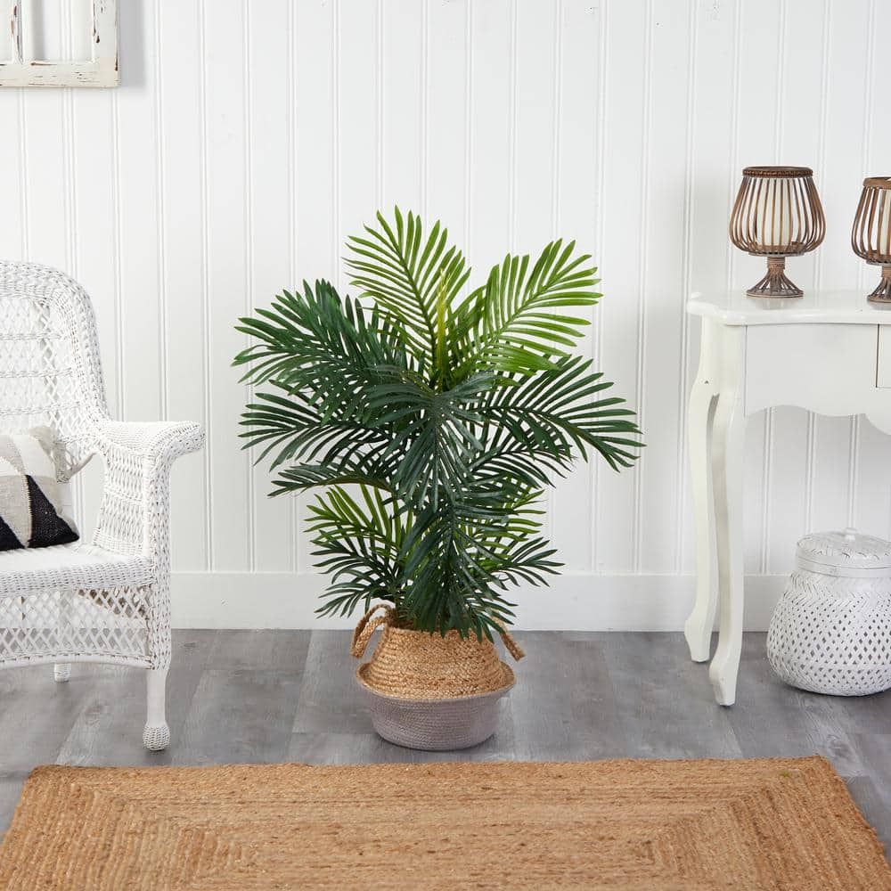 Nearly Natural 40 in. Areca Artificial Palm Tree in Boho Chic Handmade Cotton and Jute Gray Woven Planter UV Resistant (Indoor/Outdoor) T2950