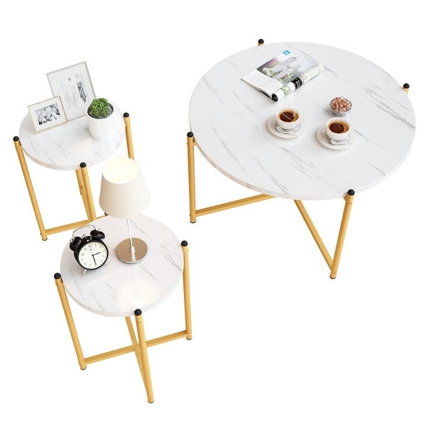 Round Coffee Table and 2pcs Side Table， Living Room Table Sets with Faux Marble Tabletop - 15.5