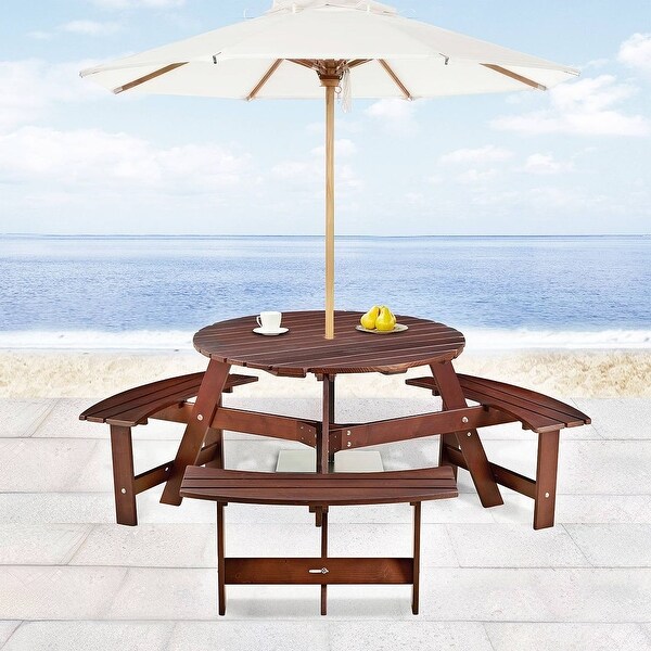 Outdoor round wooden picnic set with umbrella hole (6 persons/8 persons)