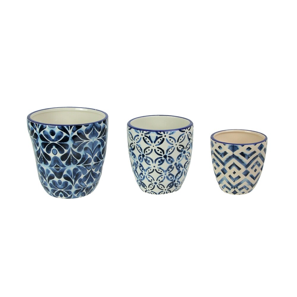 Set Of 3 Blue And White Ceramic Geometric Design Mini Planter Pots   5.5 X 5.5 X 5.5 inches