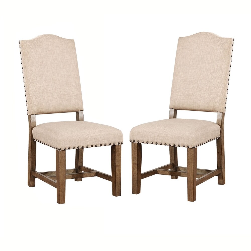 Fabric Upholstered Solid Wood Side Chair  Pack of Two  Beige and Brown