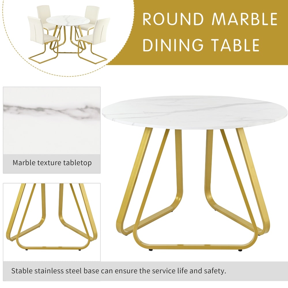 5 Piece Round Dining Table Set with Faux Marble Dining Table and Four Upholstered Dining Chairs with Metal Legs for Dining Room