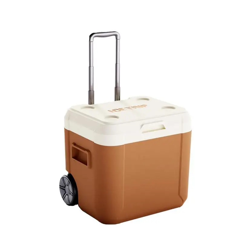 2023 Hot selling outdoor food grade material plastic portable table wheeled 52l cooler box with wheels and handle