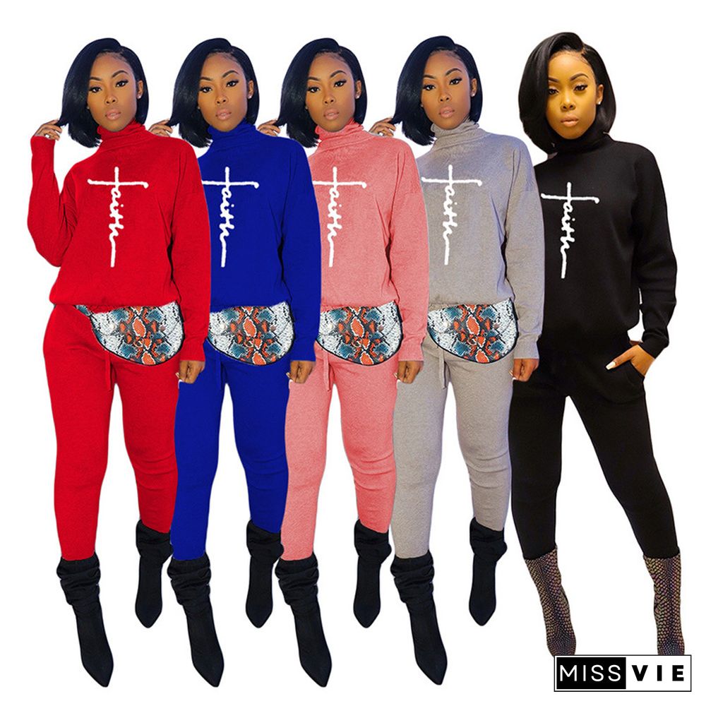 Faith Letter Turtleneck Long Sleeve T-shirt and Pants Suit