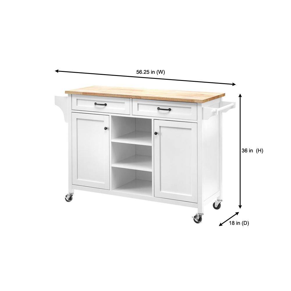 Home Decorators Collection Rockford White Rolling Kitchen Cart with Butcher Block Top and Double-Drawer Storage (56